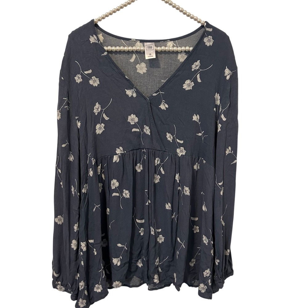 Clothing & Co Blouse Womens 18 Blue Floral Long Sleeve Boho babydoll peasant